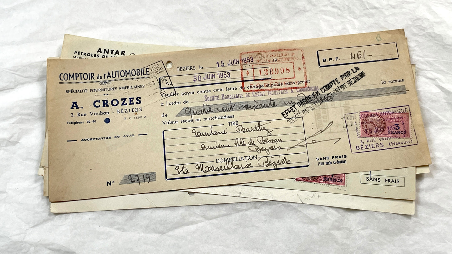 1950s - Lot of 6 Vintage French Bills of Exchange – Handwritten Commercial Documents with Stamps