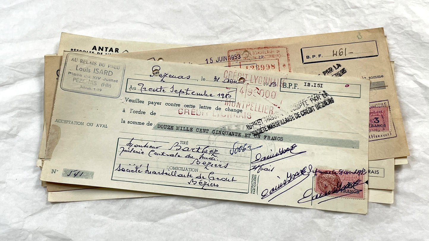 1950s - Lot of 6 Vintage French Bills of Exchange – Handwritten Commercial Documents with Stamps