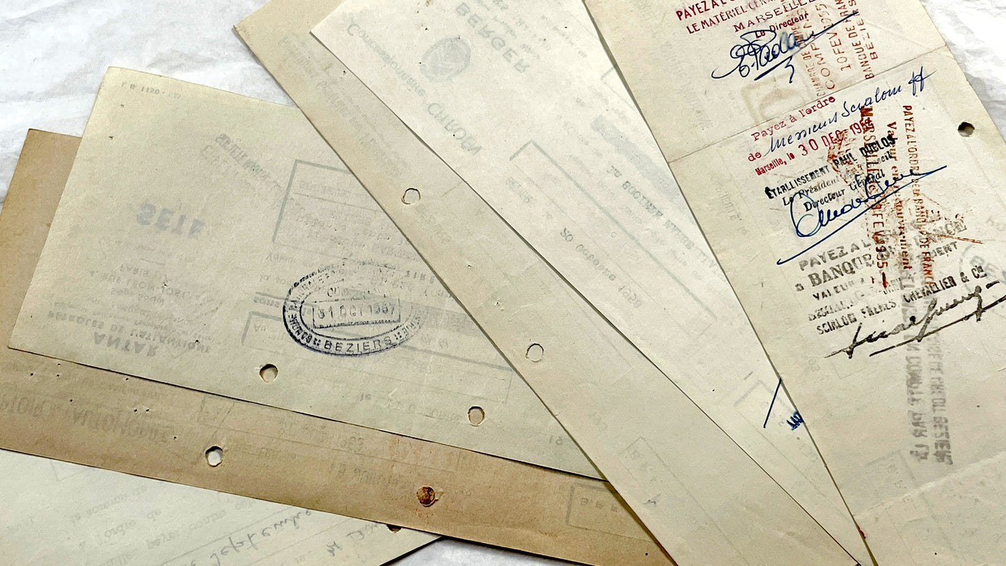 1950s - Lot of 6 Vintage French Bills of Exchange – Handwritten Commercial Documents with Stamps