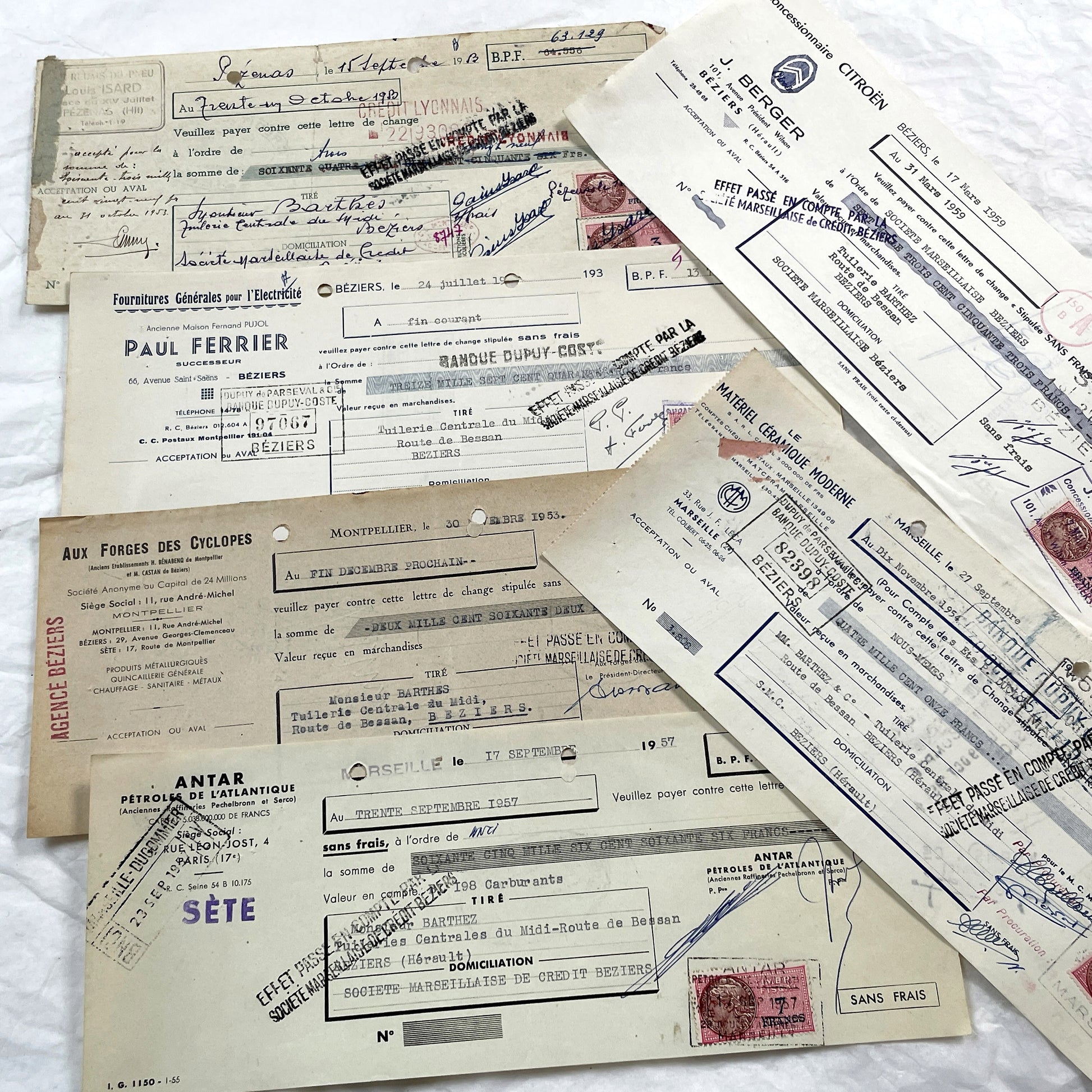 1950s - Lot of 6 Vintage French Bills of Exchange – Handwritten Commercial Documents with Stamps