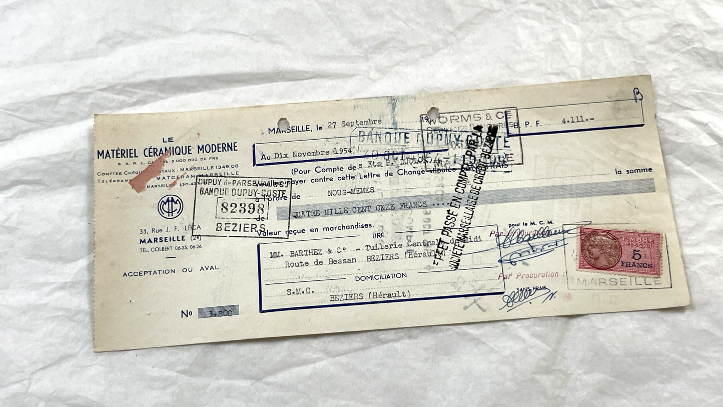 1950s - Lot of 6 Vintage French Bills of Exchange – Handwritten Commercial Documents with Stamps