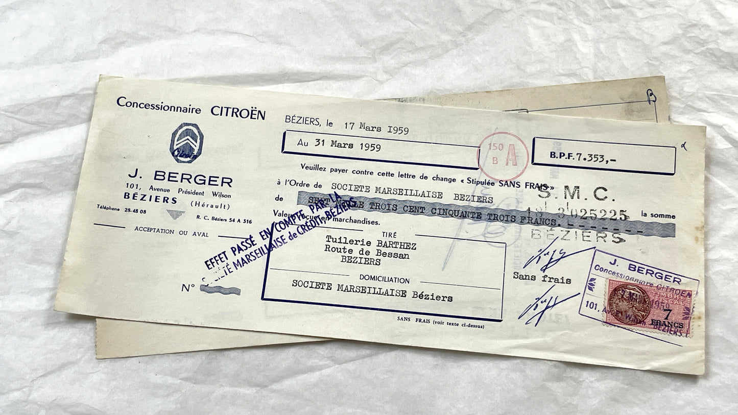 1950s - Lot of 6 Vintage French Bills of Exchange – Handwritten Commercial Documents with Stamps