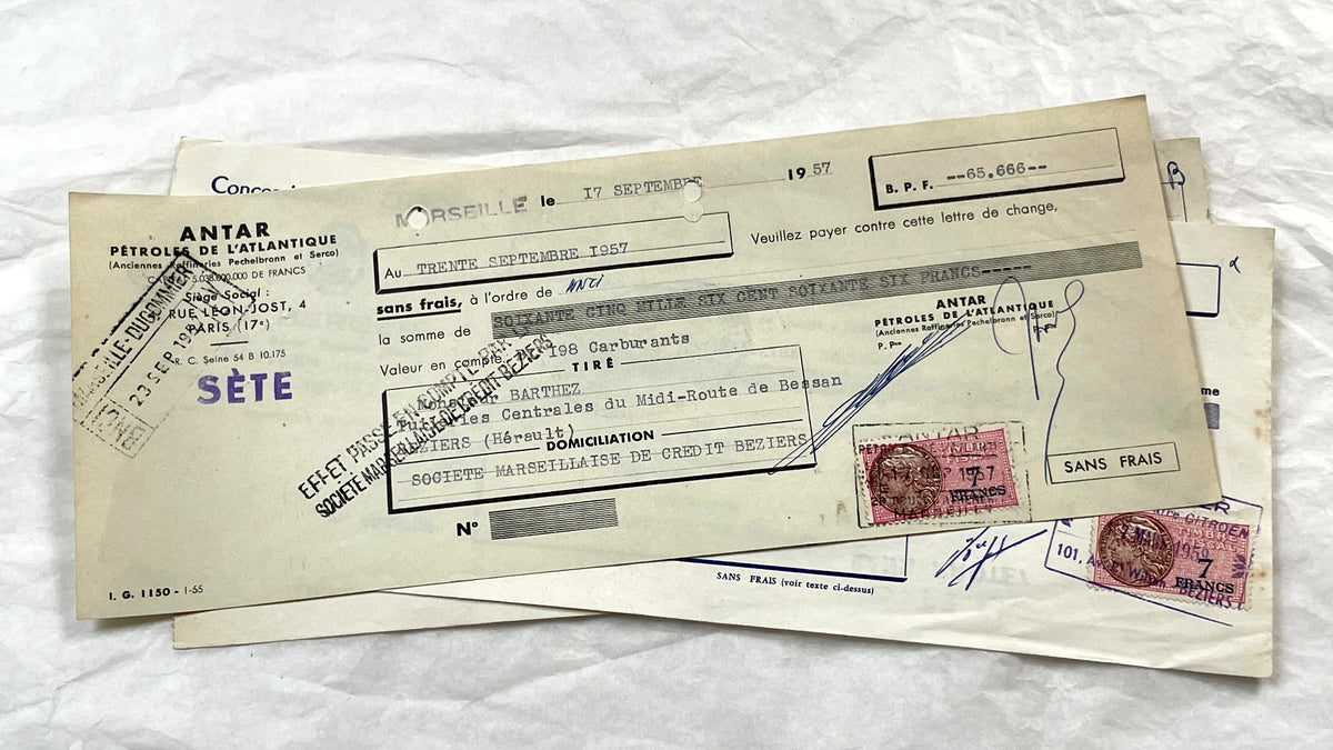 1950s - Lot of 6 Vintage French Bills of Exchange – Handwritten Commercial Documents with Stamps