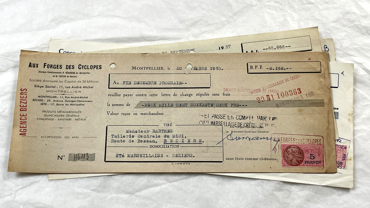 1950s - Lot of 6 Vintage French Bills of Exchange – Handwritten Commercial Documents with Stamps