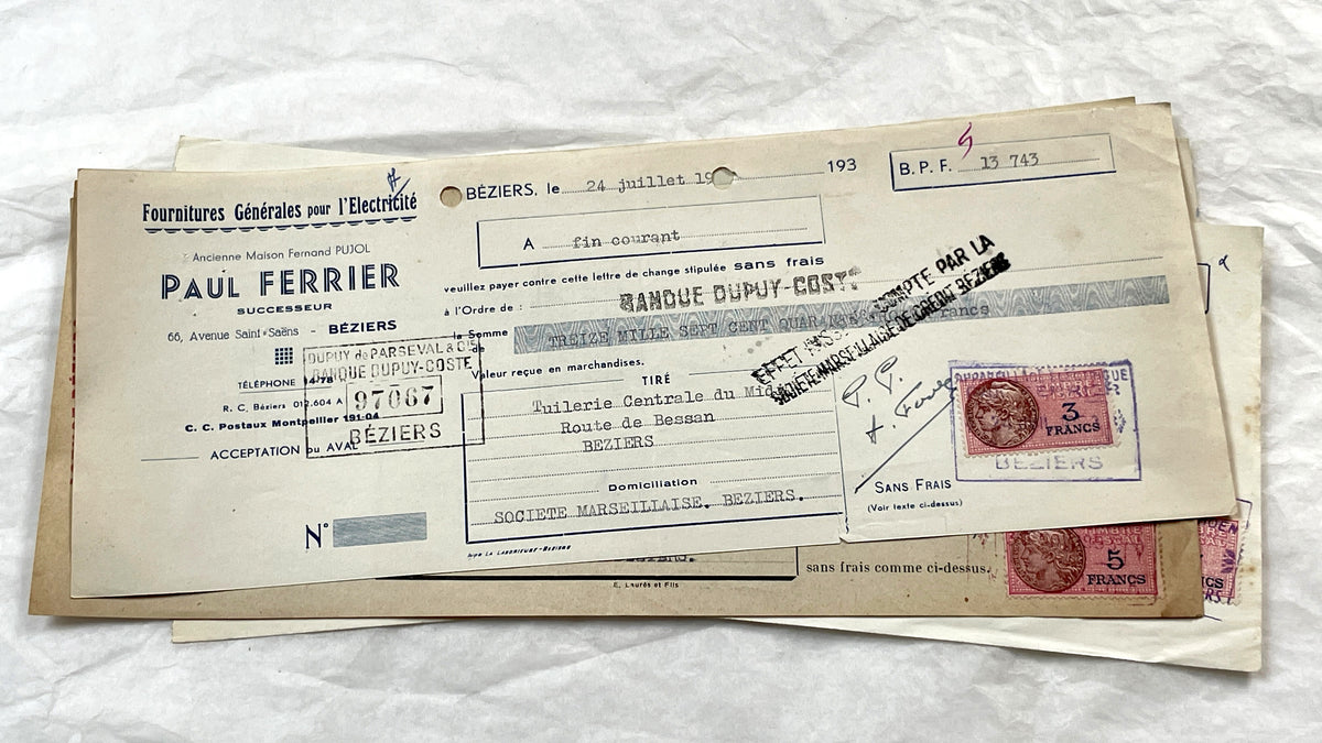 1950s - Lot of 6 Vintage French Bills of Exchange – Handwritten Commercial Documents with Stamps