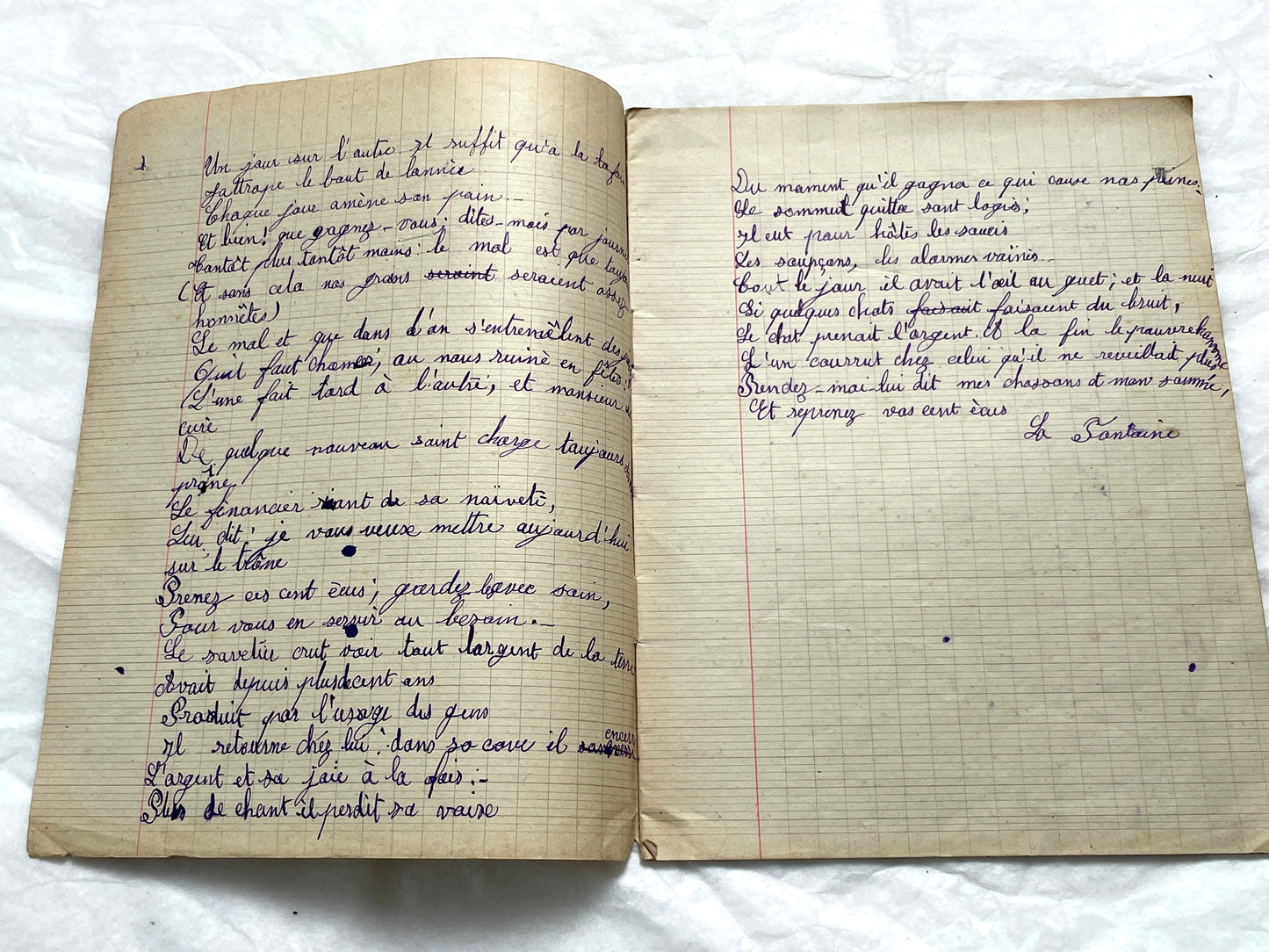 1920s - Historic French Schoolgirl's Handwritten Notebook - Math, Grammar, Geography, Drawings - Vintage Paper Ephemera from France