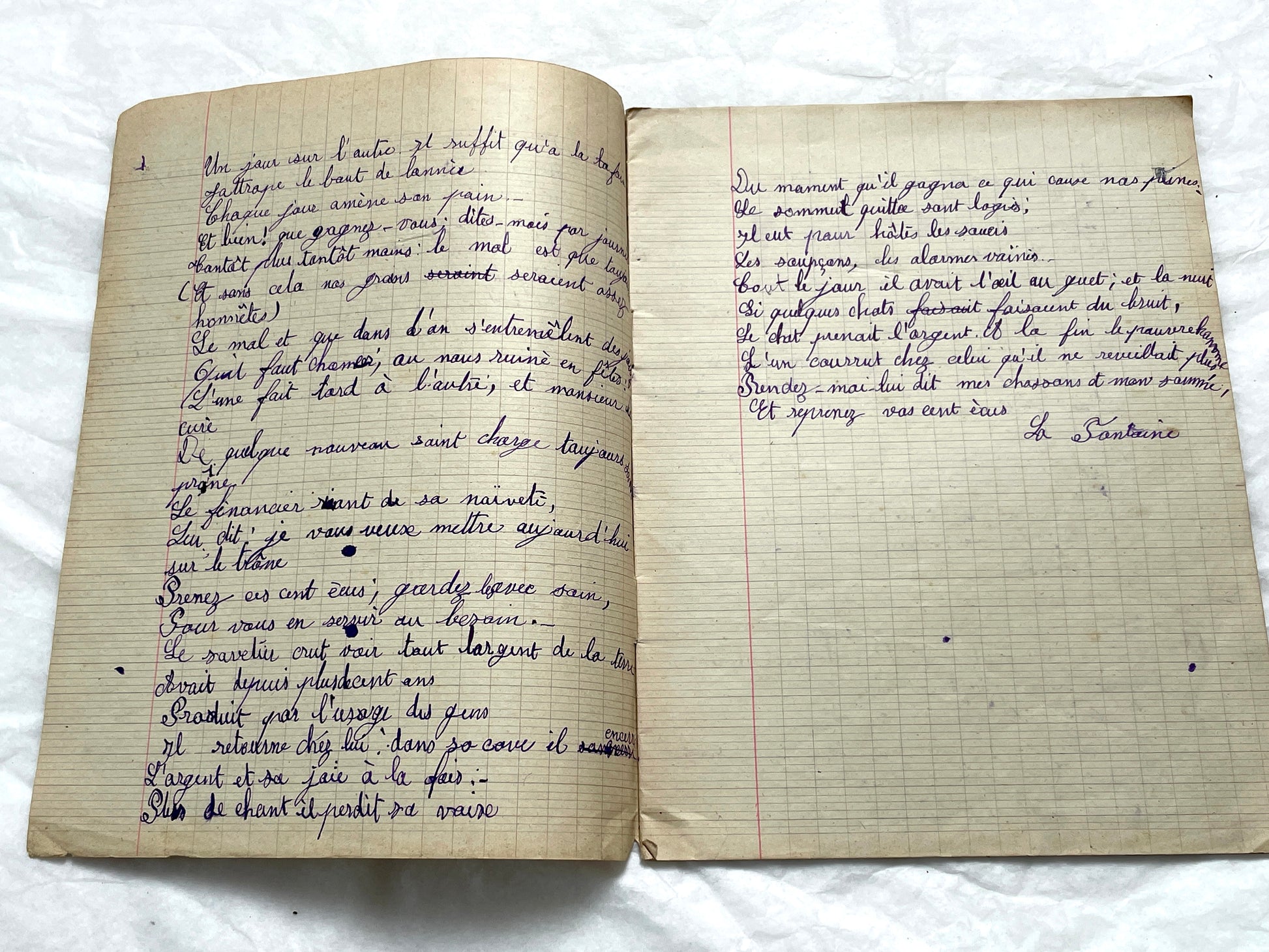 1920s - Historic French Schoolgirl's Handwritten Notebook - Math, Grammar, Geography, Drawings - Vintage Paper Ephemera from France