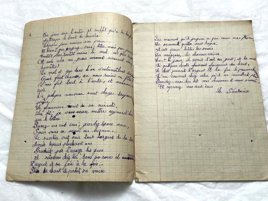 1920s - Historic French Schoolgirl's Handwritten Notebook - Math, Grammar, Geography, Drawings - Vintage Paper Ephemera from France