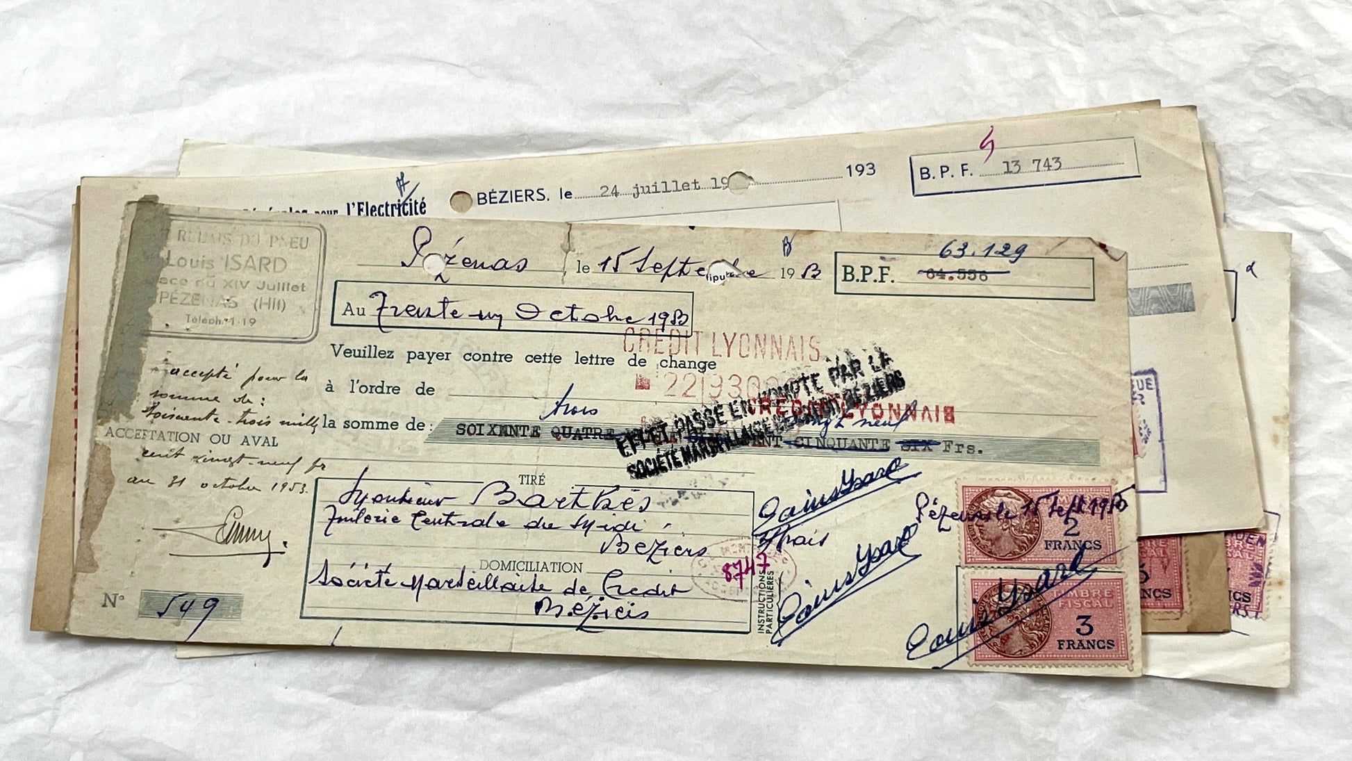 1950s - Lot of 6 Vintage French Bills of Exchange – Handwritten Commercial Documents with Stamps