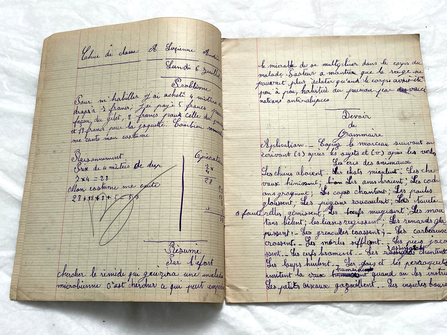 1920s - Historic French Schoolgirl's Handwritten Notebook - Math, Grammar, Geography, Drawings - Vintage Paper Ephemera from France