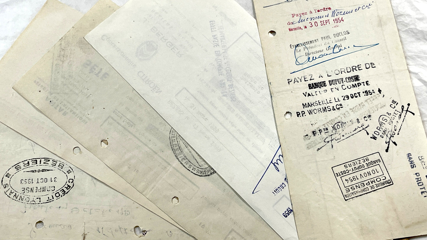 1950s - Lot of 6 Vintage French Bills of Exchange – Handwritten Commercial Documents with Stamps