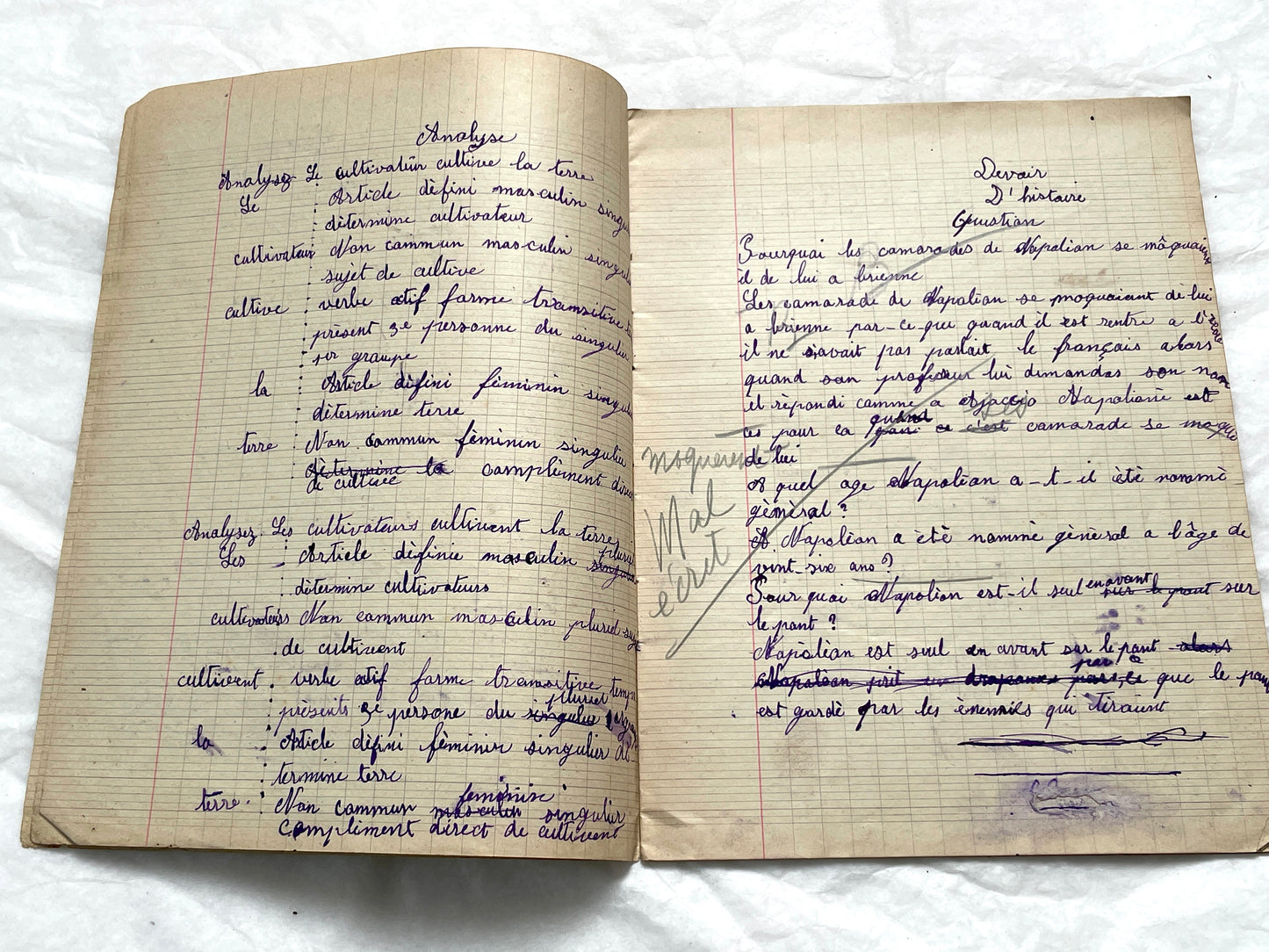 1920s - Historic French Schoolgirl's Handwritten Notebook - Math, Grammar, Geography, Drawings - Vintage Paper Ephemera from France