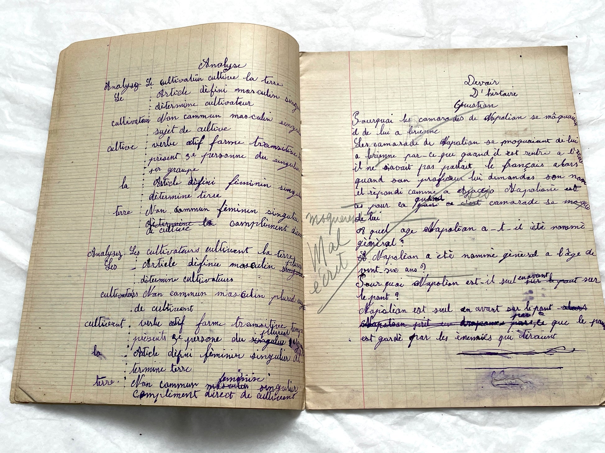 1920s - Historic French Schoolgirl's Handwritten Notebook - Math, Grammar, Geography, Drawings - Vintage Paper Ephemera from France