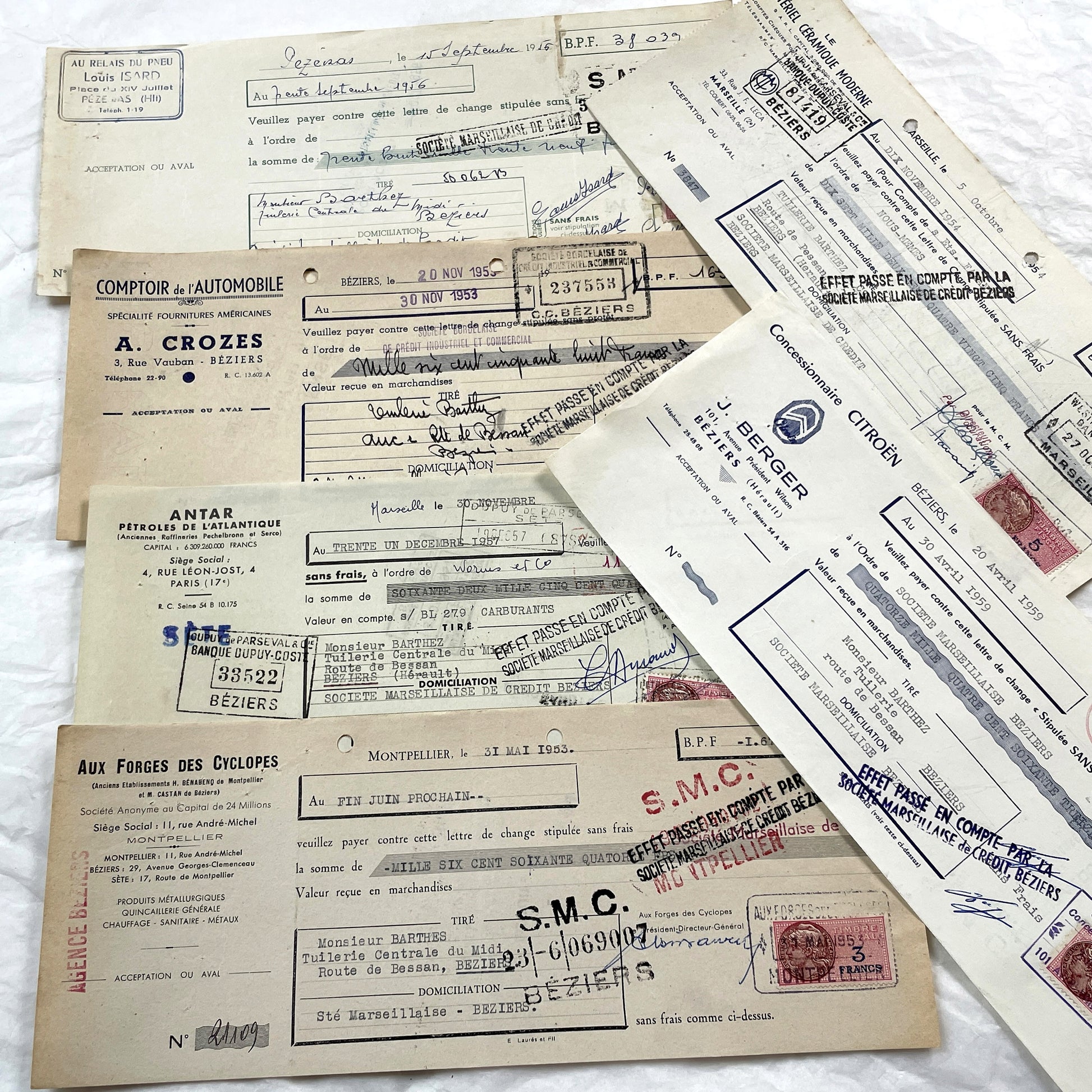 1950s - Lot of 6 Vintage French Bills of Exchange – Handwritten Commercial Documents with Stamps