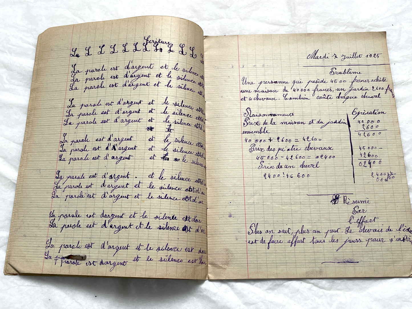1920s - Historic French Schoolgirl's Handwritten Notebook - Math, Grammar, Geography, Drawings - Vintage Paper Ephemera from France
