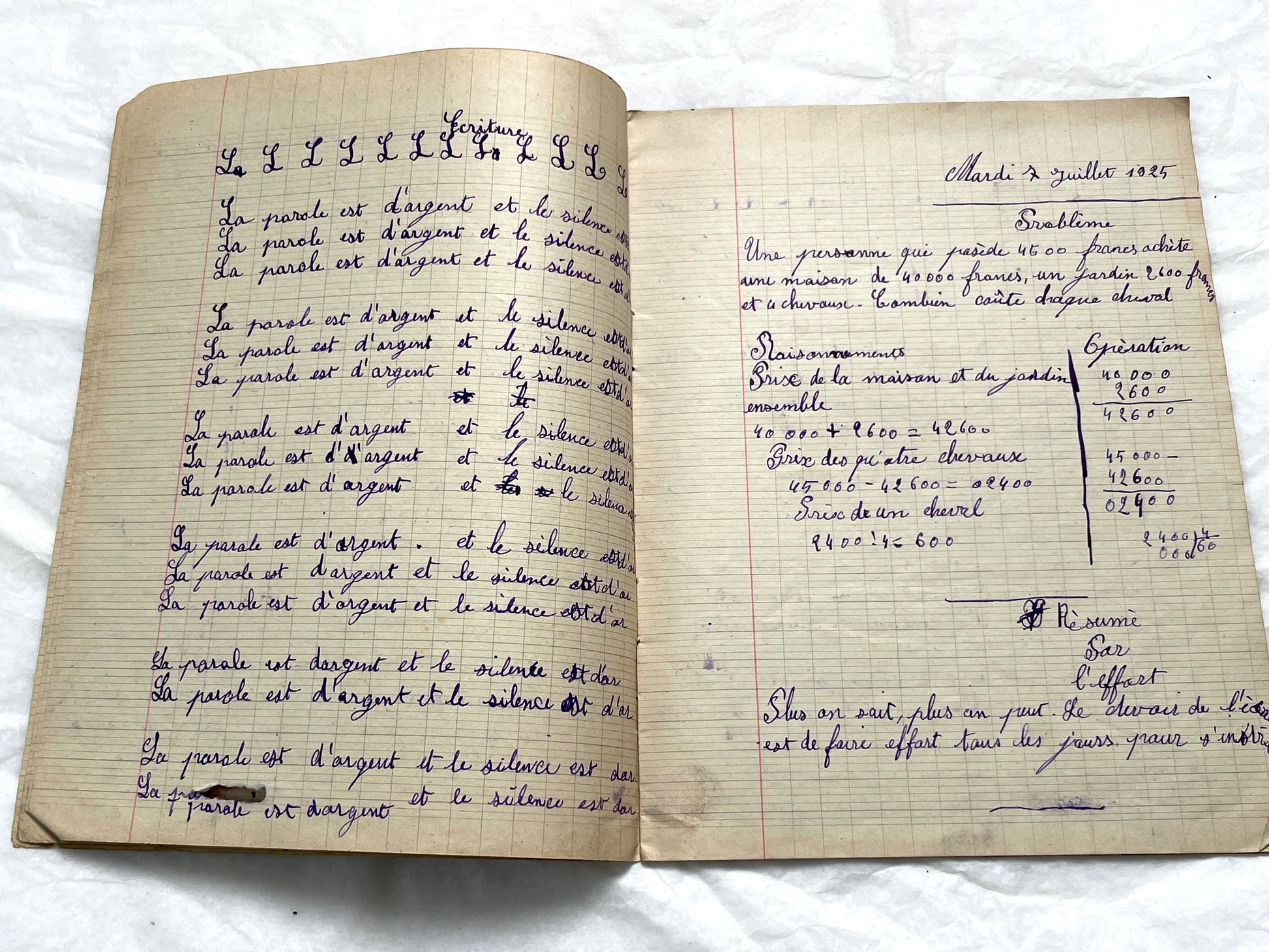 1920s - Historic French Schoolgirl's Handwritten Notebook - Math, Grammar, Geography, Drawings - Vintage Paper Ephemera from France