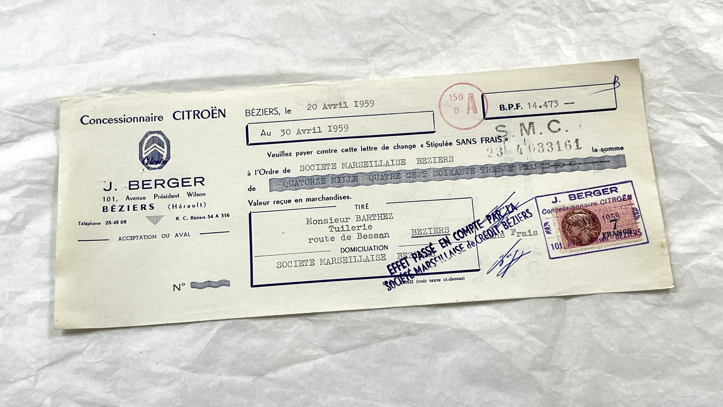 1950s - Lot of 6 Vintage French Bills of Exchange – Handwritten Commercial Documents with Stamps