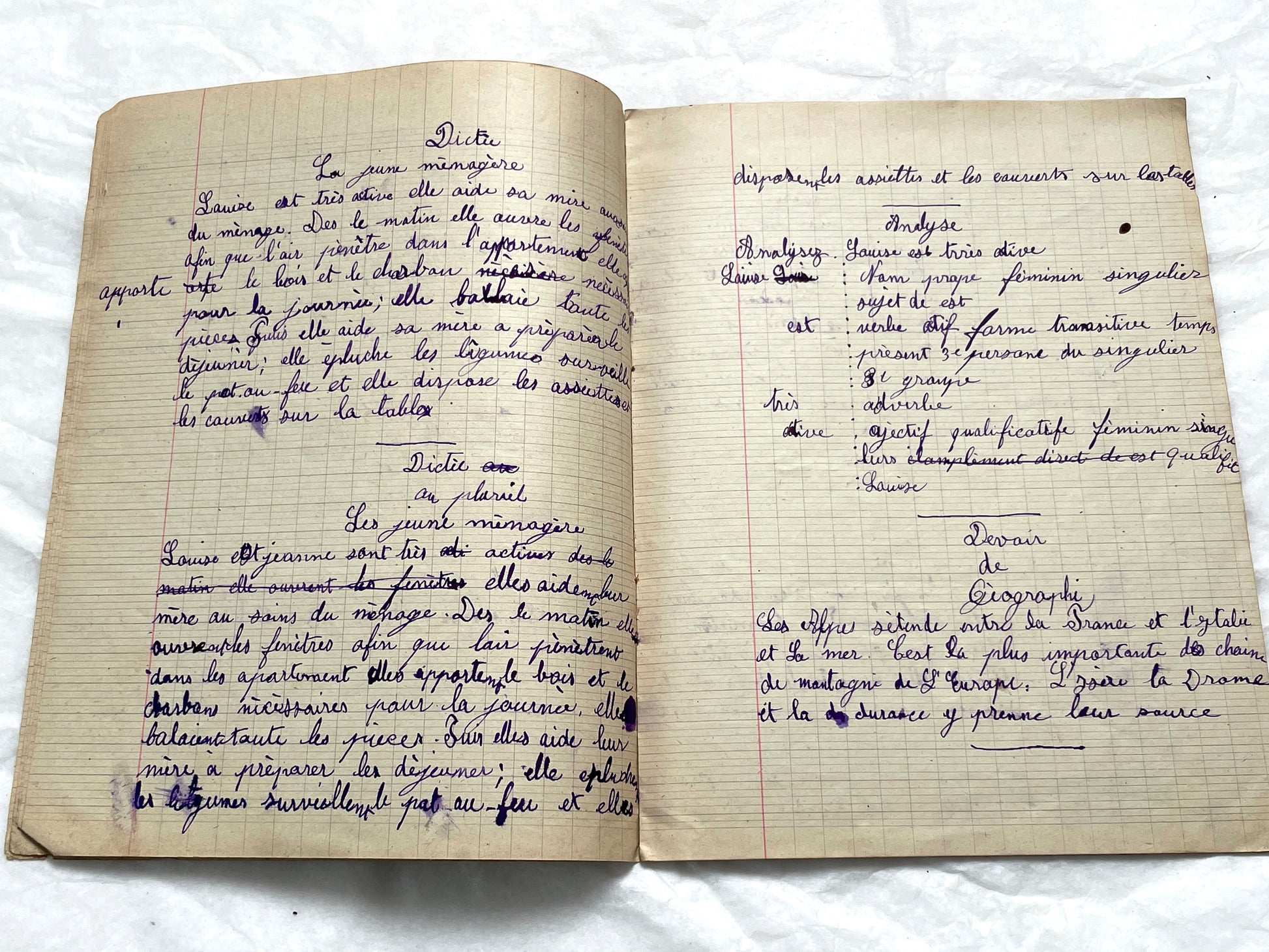 1920s - Historic French Schoolgirl's Handwritten Notebook - Math, Grammar, Geography, Drawings - Vintage Paper Ephemera from France
