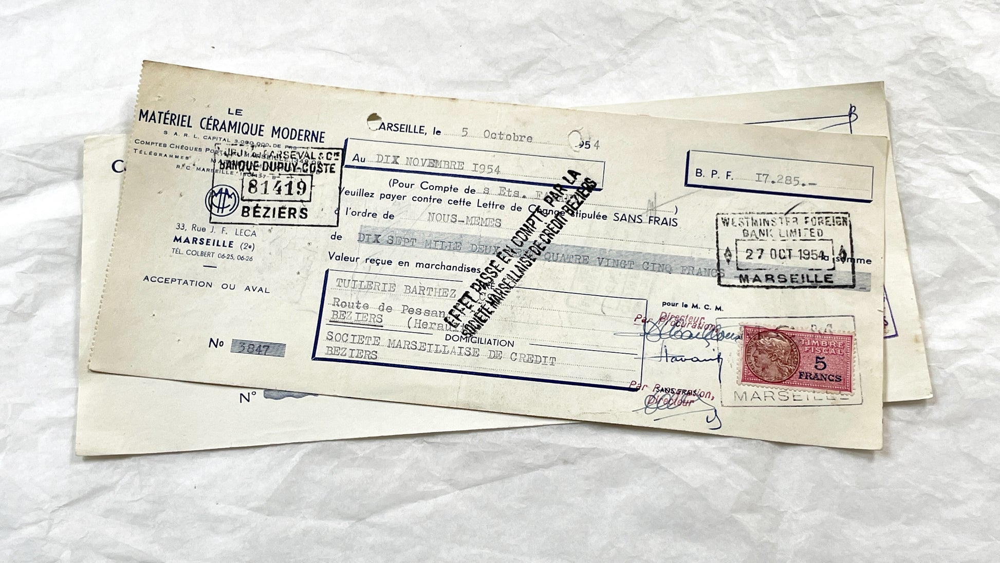 1950s - Lot of 6 Vintage French Bills of Exchange – Handwritten Commercial Documents with Stamps