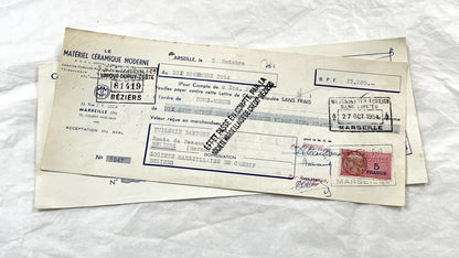 1950s - Lot of 6 Vintage French Bills of Exchange – Handwritten Commercial Documents with Stamps