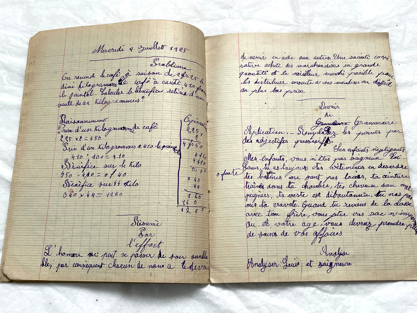 1920s - Historic French Schoolgirl's Handwritten Notebook - Math, Grammar, Geography, Drawings - Vintage Paper Ephemera from France