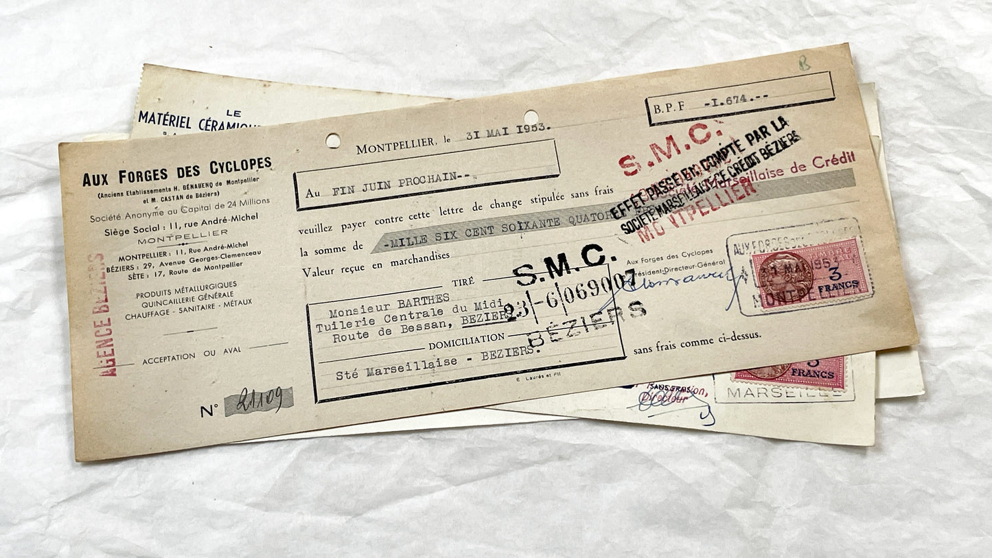 1950s - Lot of 6 Vintage French Bills of Exchange – Handwritten Commercial Documents with Stamps