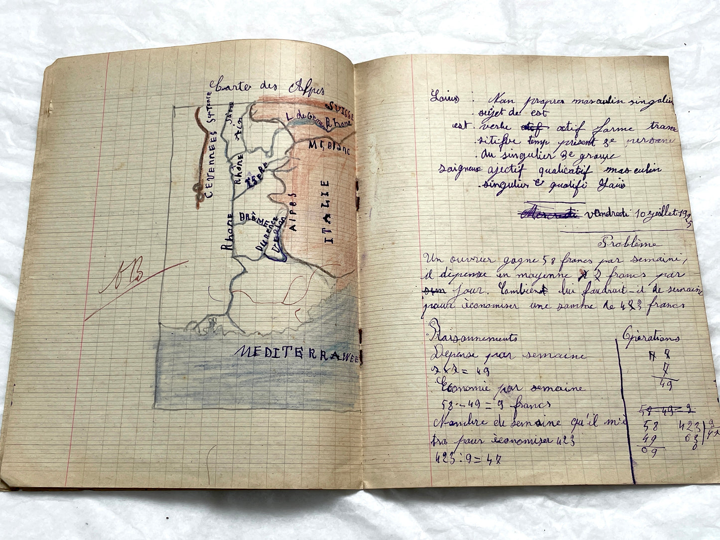 1920s - Historic French Schoolgirl's Handwritten Notebook - Math, Grammar, Geography, Drawings - Vintage Paper Ephemera from France