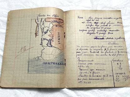 1920s - Historic French Schoolgirl's Handwritten Notebook - Math, Grammar, Geography, Drawings - Vintage Paper Ephemera from France