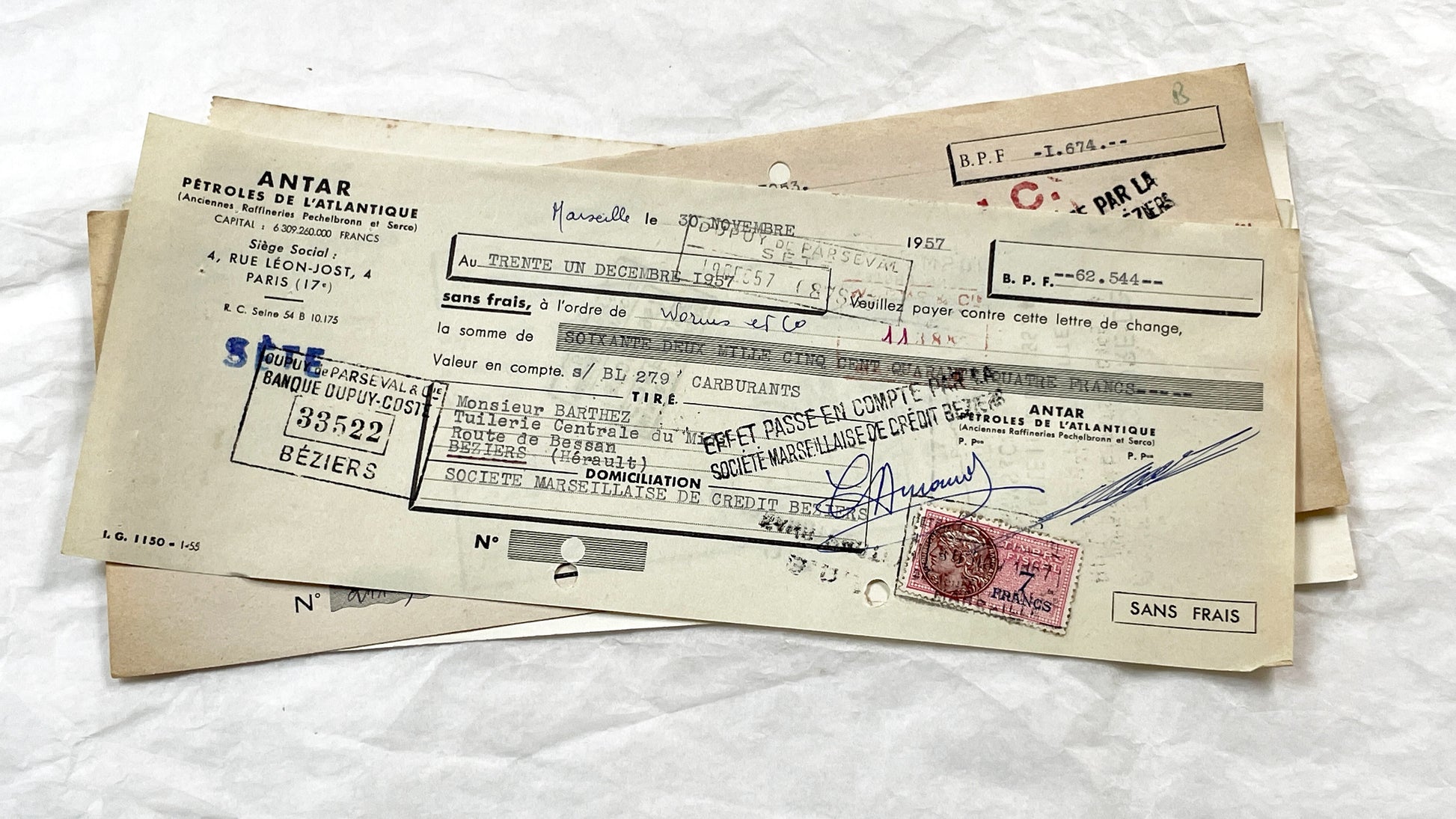 1950s - Lot of 6 Vintage French Bills of Exchange – Handwritten Commercial Documents with Stamps