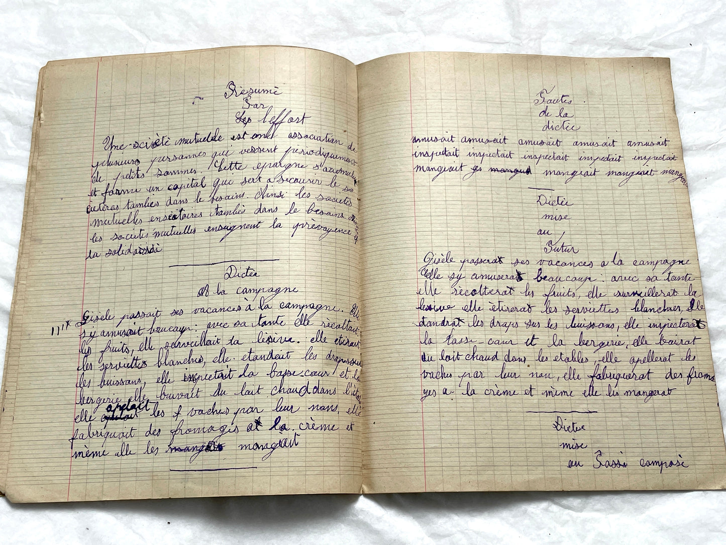 1920s - Historic French Schoolgirl's Handwritten Notebook - Math, Grammar, Geography, Drawings - Vintage Paper Ephemera from France