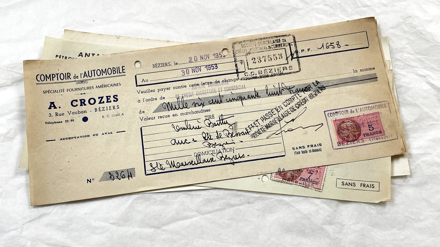 1950s - Lot of 6 Vintage French Bills of Exchange – Handwritten Commercial Documents with Stamps