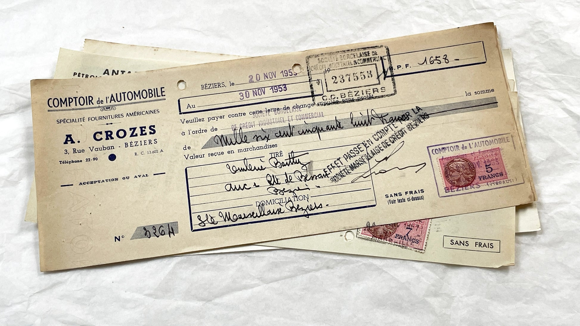 1950s - Lot of 6 Vintage French Bills of Exchange – Handwritten Commercial Documents with Stamps