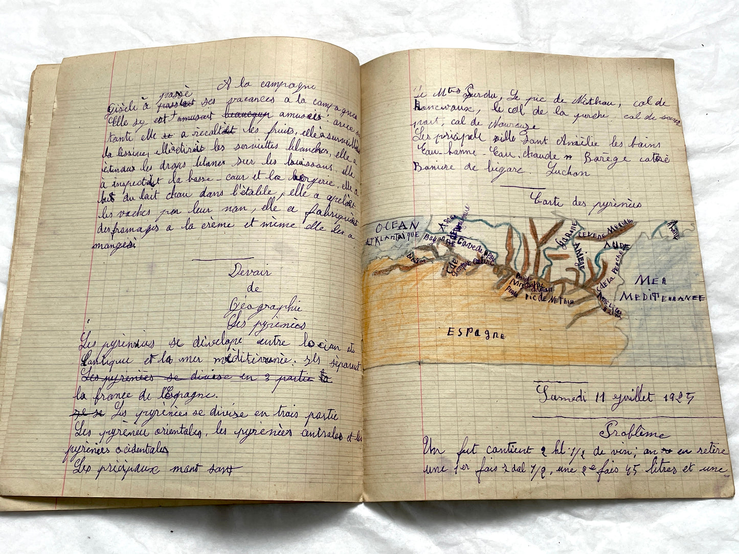 1920s - Historic French Schoolgirl's Handwritten Notebook - Math, Grammar, Geography, Drawings - Vintage Paper Ephemera from France