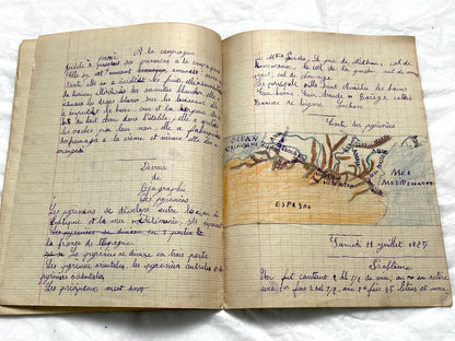1920s - Historic French Schoolgirl's Handwritten Notebook - Math, Grammar, Geography, Drawings - Vintage Paper Ephemera from France