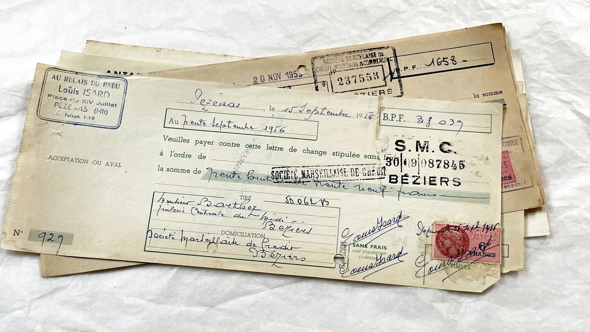 1950s - Lot of 6 Vintage French Bills of Exchange – Handwritten Commercial Documents with Stamps