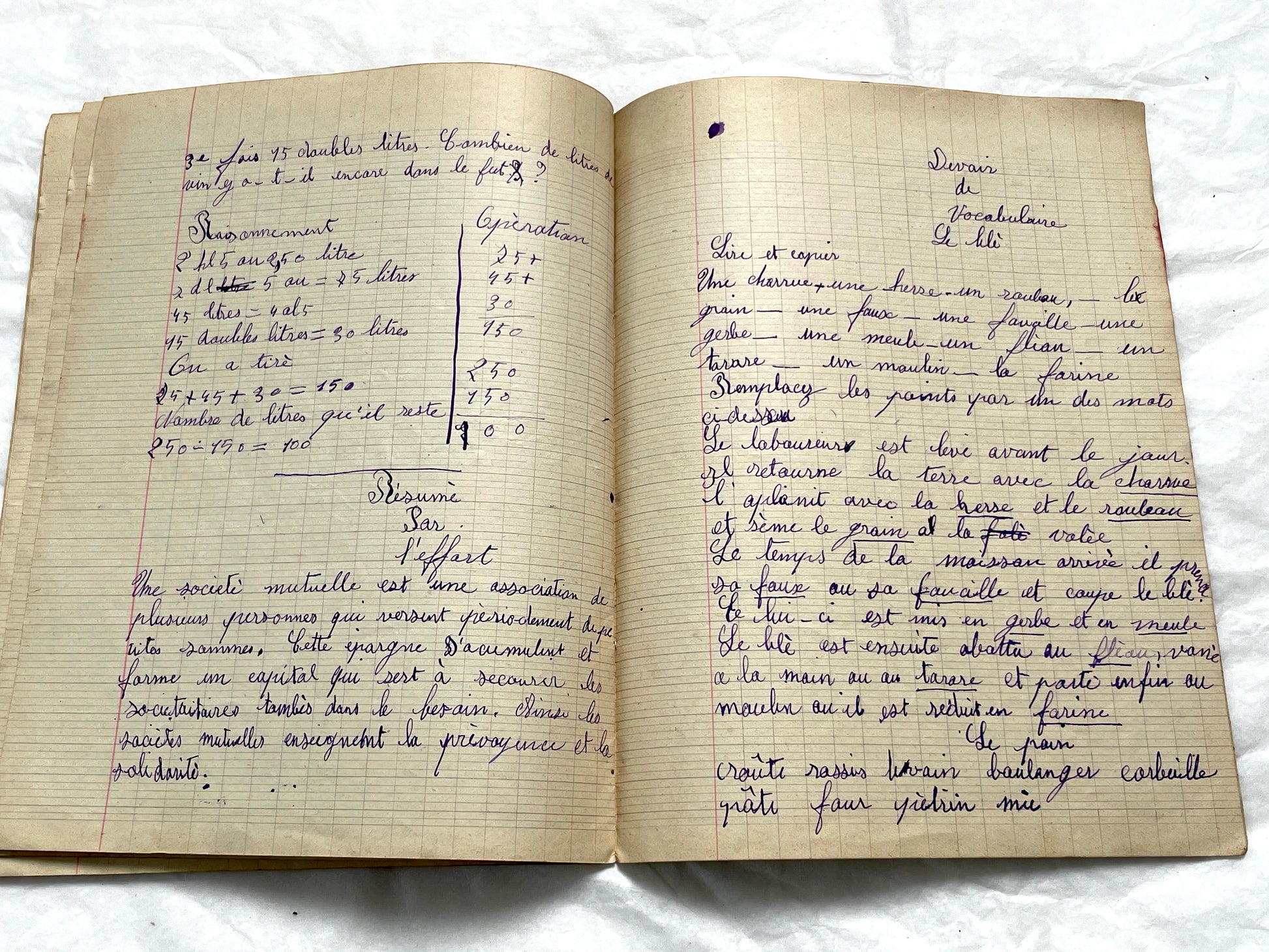 1920s - Historic French Schoolgirl's Handwritten Notebook - Math, Grammar, Geography, Drawings - Vintage Paper Ephemera from France