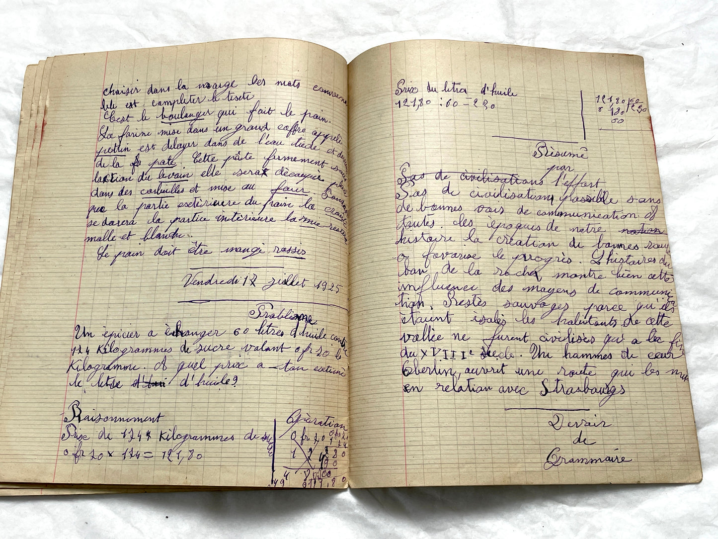 1920s - Historic French Schoolgirl's Handwritten Notebook - Math, Grammar, Geography, Drawings - Vintage Paper Ephemera from France