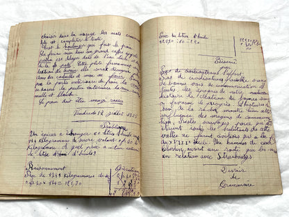 1920s - Historic French Schoolgirl's Handwritten Notebook - Math, Grammar, Geography, Drawings - Vintage Paper Ephemera from France
