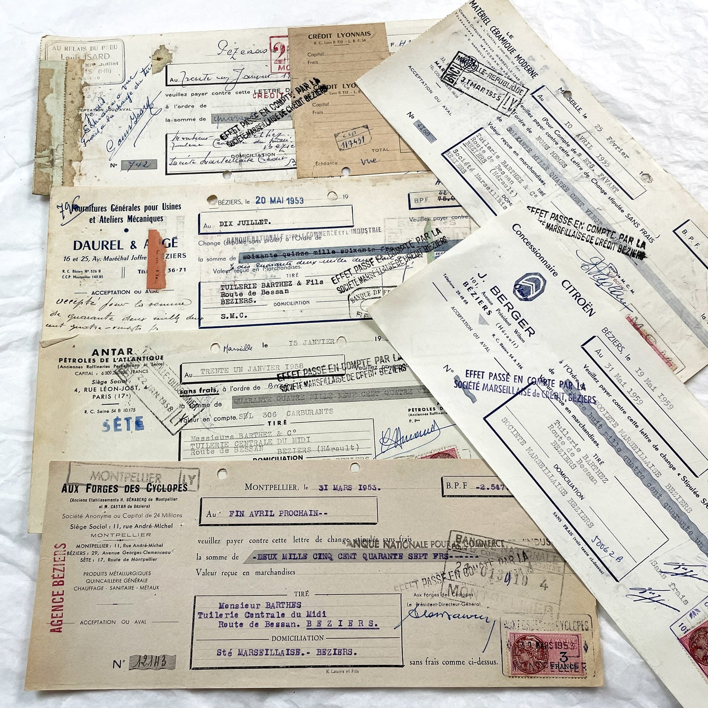1950s - Lot of 6 Vintage French Bills of Exchange – Handwritten Commercial Documents with Stamps