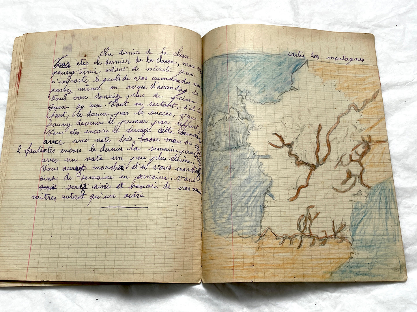 1920s - Historic French Schoolgirl's Handwritten Notebook - Math, Grammar, Geography, Drawings - Vintage Paper Ephemera from France