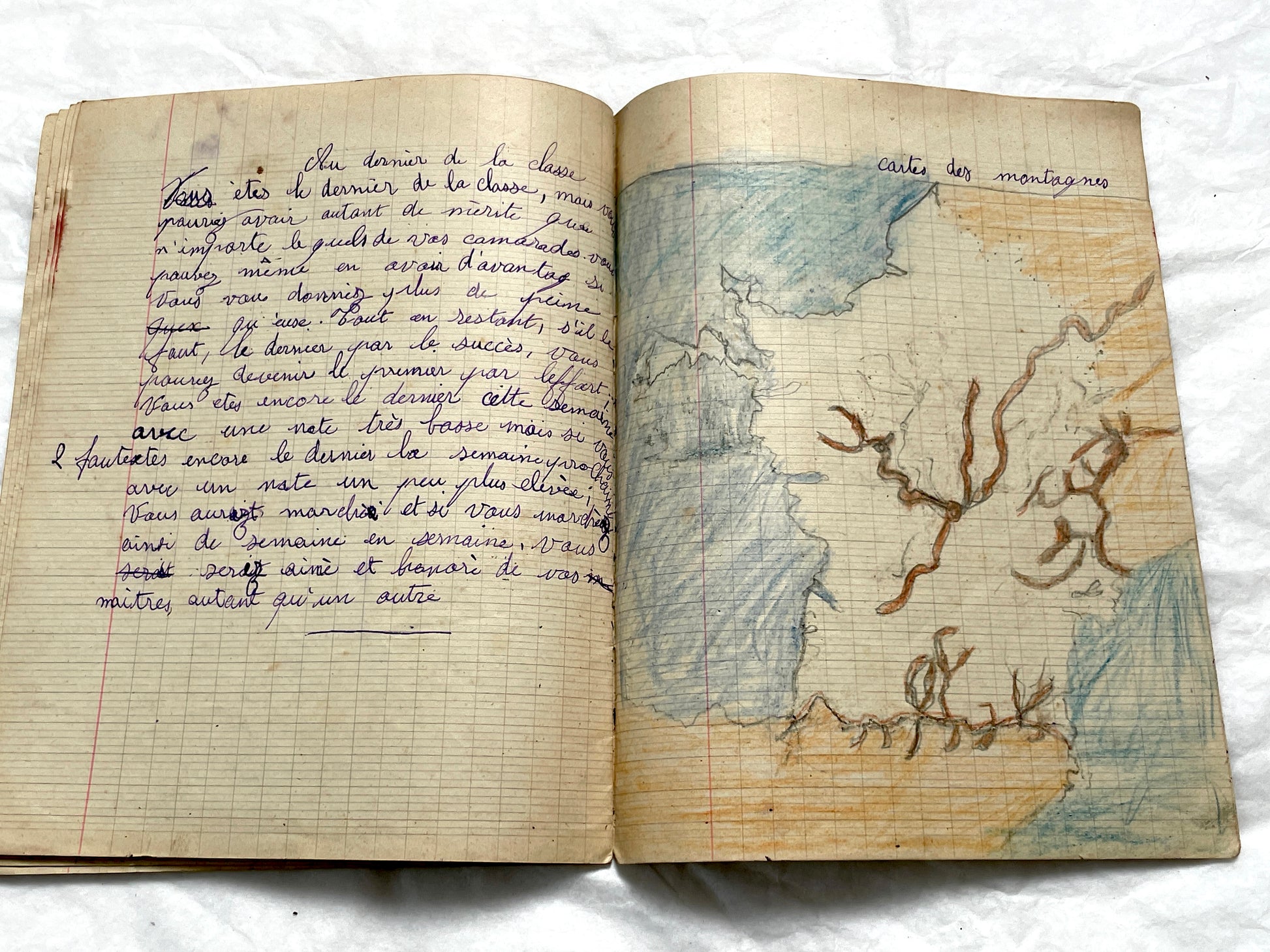 1920s - Historic French Schoolgirl's Handwritten Notebook - Math, Grammar, Geography, Drawings - Vintage Paper Ephemera from France