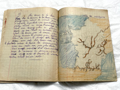 1920s - Historic French Schoolgirl's Handwritten Notebook - Math, Grammar, Geography, Drawings - Vintage Paper Ephemera from France