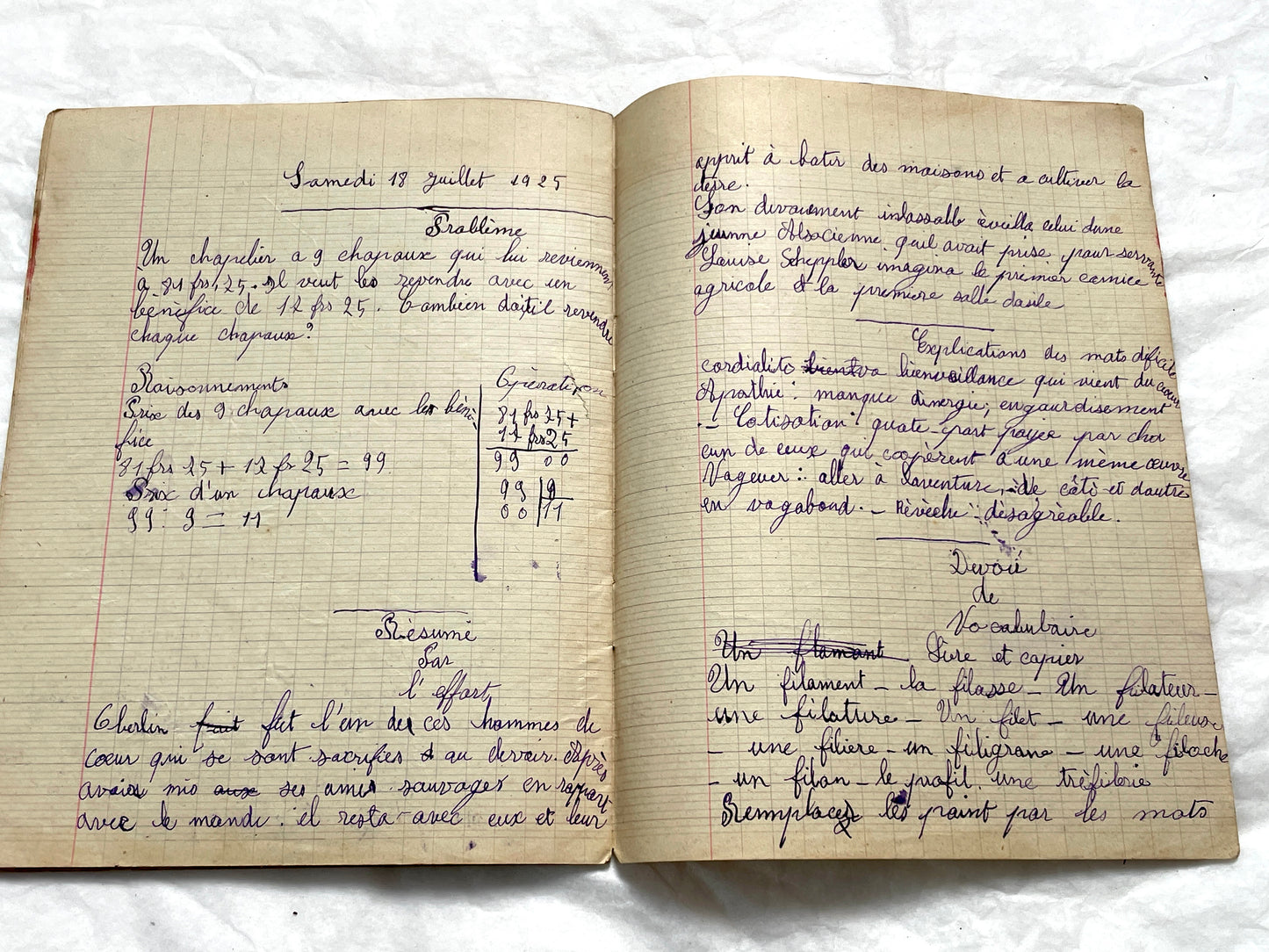 1920s - Historic French Schoolgirl's Handwritten Notebook - Math, Grammar, Geography, Drawings - Vintage Paper Ephemera from France