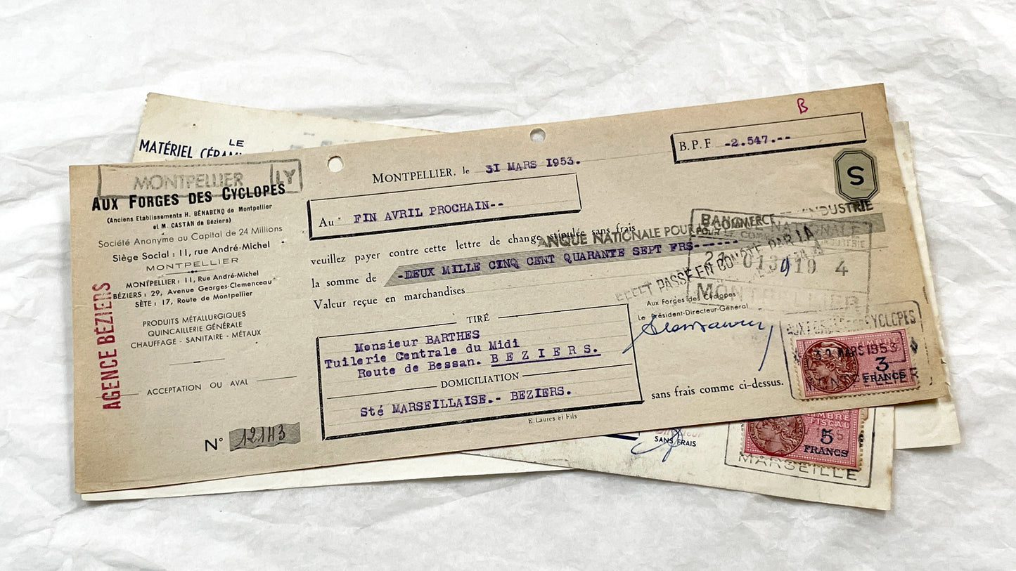 1950s - Lot of 6 Vintage French Bills of Exchange – Handwritten Commercial Documents with Stamps