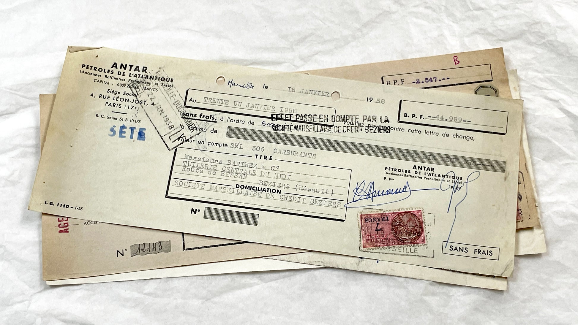 1950s - Lot of 6 Vintage French Bills of Exchange – Handwritten Commercial Documents with Stamps