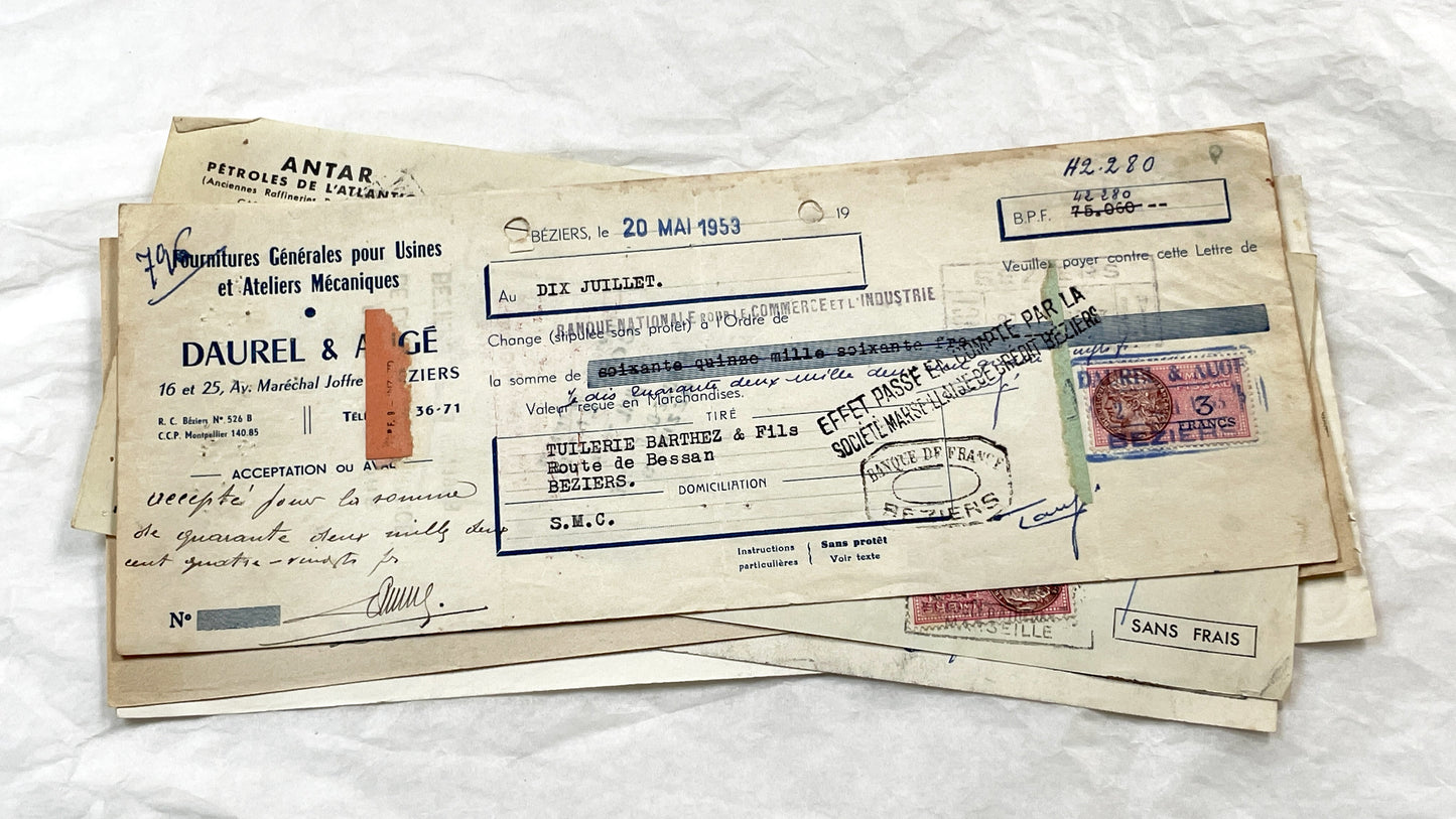 1950s - Lot of 6 Vintage French Bills of Exchange – Handwritten Commercial Documents with Stamps
