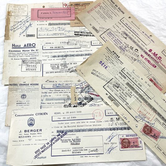1950s - Lot of 6 Vintage French Bills of Exchange – Handwritten Commercial Documents with Stamps