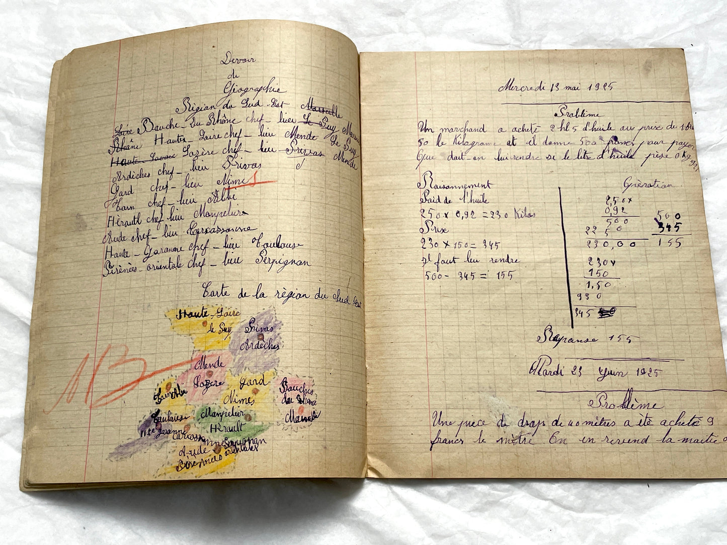 1920s - French School Notebook Handwritten Exercises - Young Girl's Vintage Educational Ephemera France Classroom History