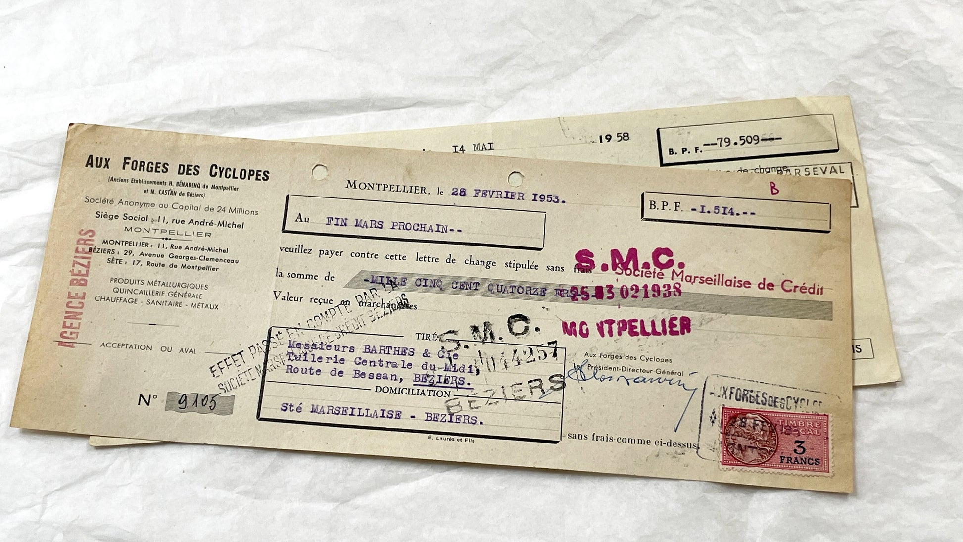 1950s - Lot of 6 Vintage French Bills of Exchange – Handwritten Commercial Documents with Stamps