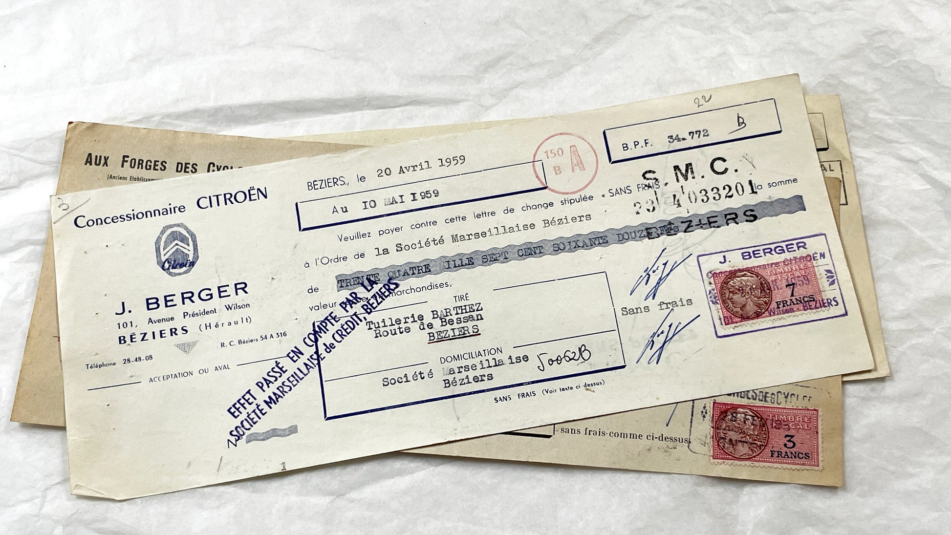 1950s - Lot of 6 Vintage French Bills of Exchange – Handwritten Commercial Documents with Stamps